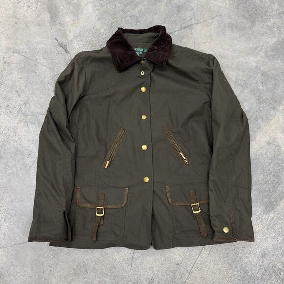 Lauren Ralph Lauren Women’s Olive Green Field Jacket Size M Corduroy Collar - Picture 2 of 16